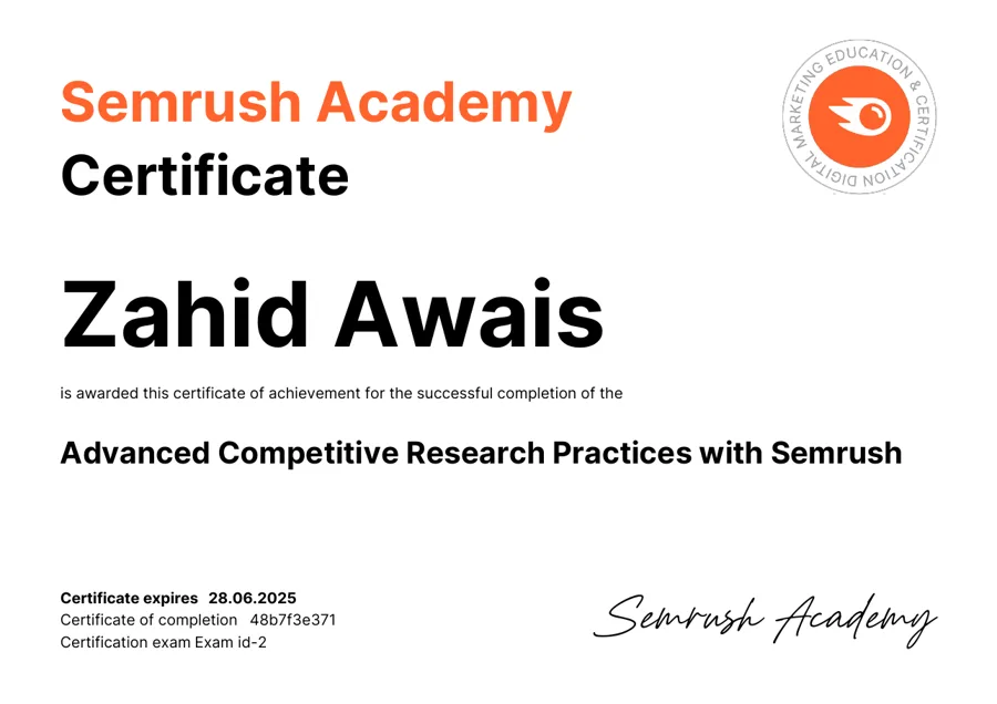 Semrush Academy certificate for Zahid Awais: Advanced Competitive Research Practices with Semrush