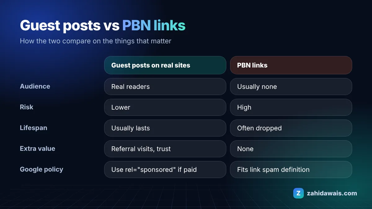 Comparison table of guest posts and PBN links by audience, risk, lifespan and policy