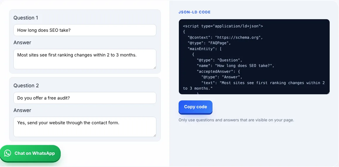 Screenshot of the FAQ schema generator on zahidawais.com