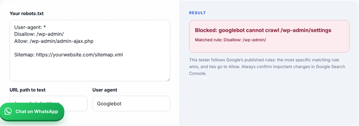 Screenshot of the Robots.txt tester on zahidawais.com