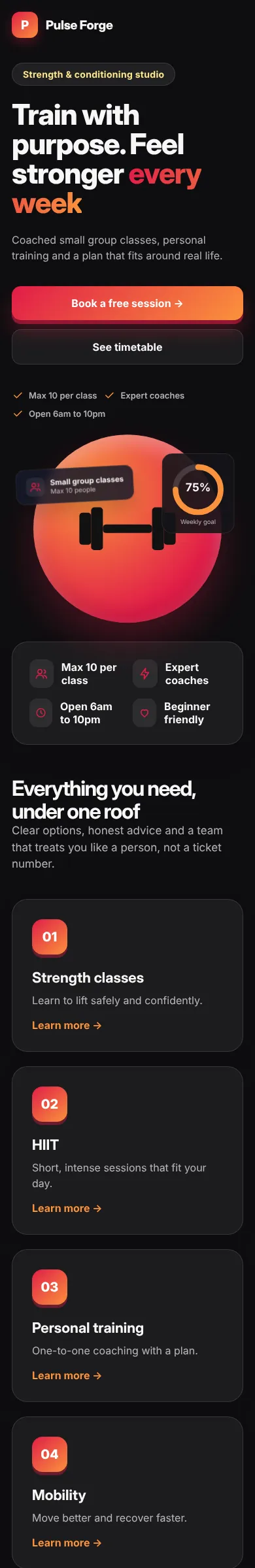 Gym & fitness concept website design, mobile view