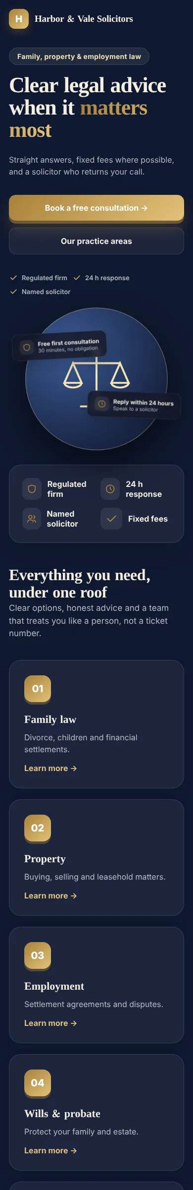 Law firm concept website design, mobile view