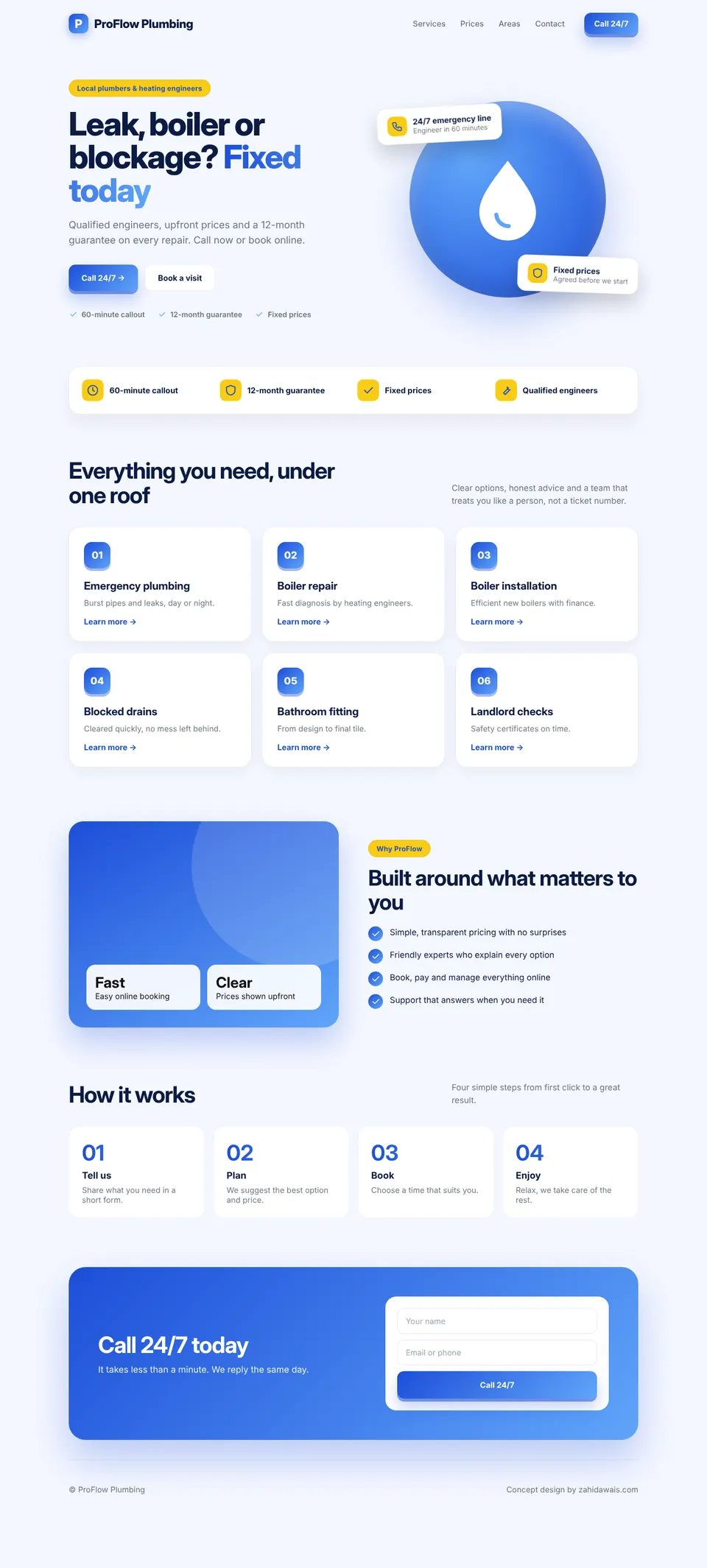 Plumbing & heating concept website design, desktop view
