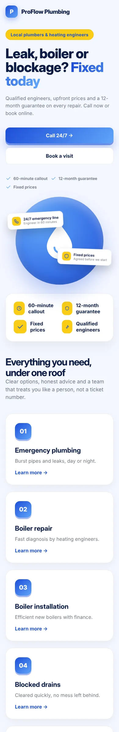Plumbing & heating concept website design, mobile view