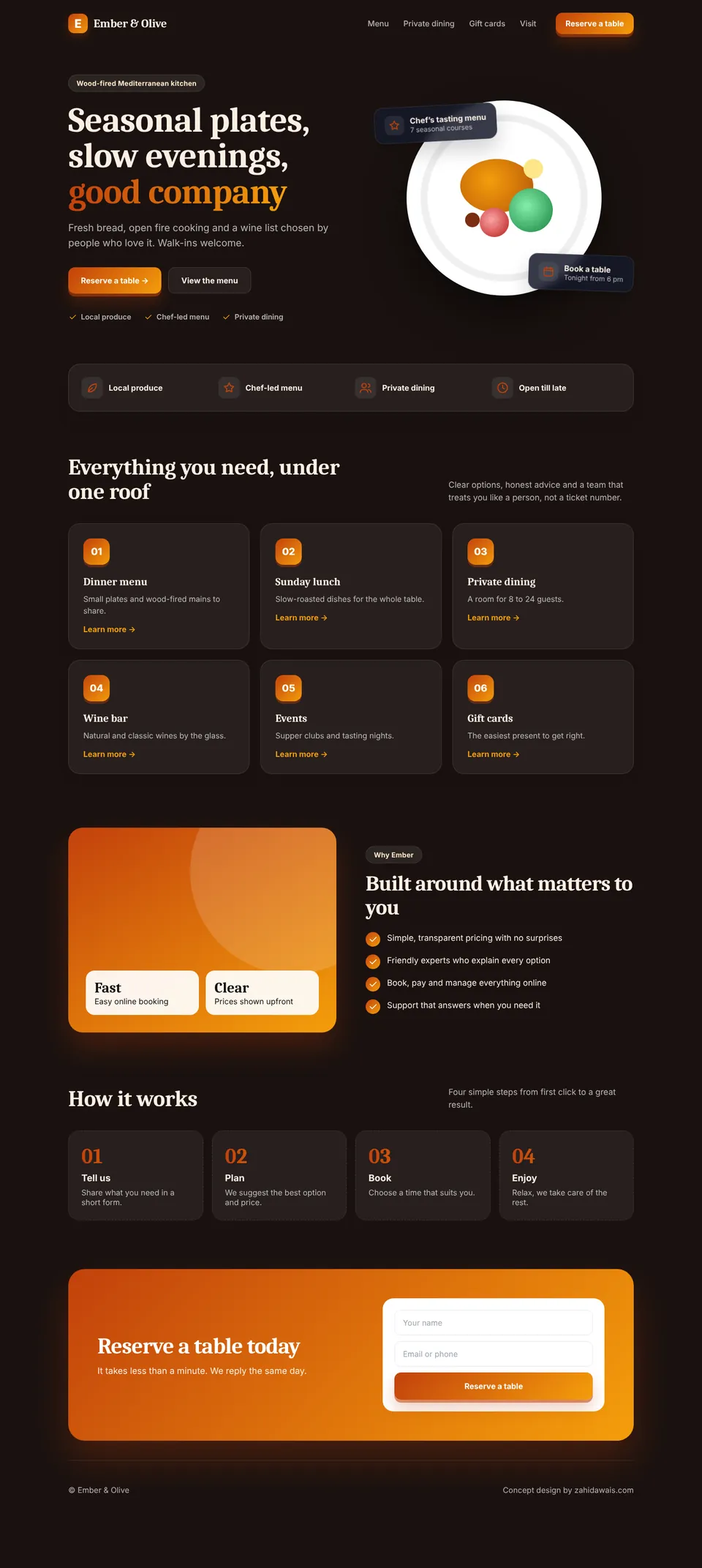 Restaurant concept website design, desktop view