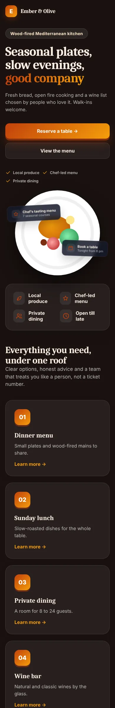 Restaurant concept website design, mobile view
