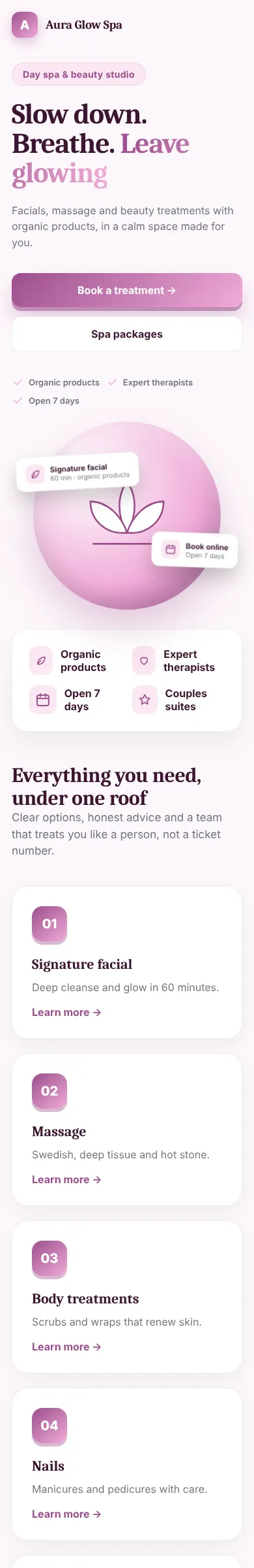 Beauty spa & salon concept website design, mobile view