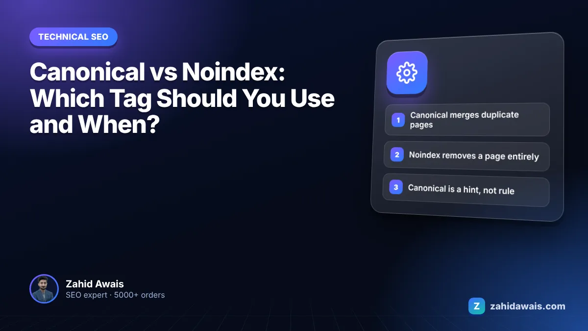 Decision chart comparing a canonical tag and a noindex tag for duplicate pages