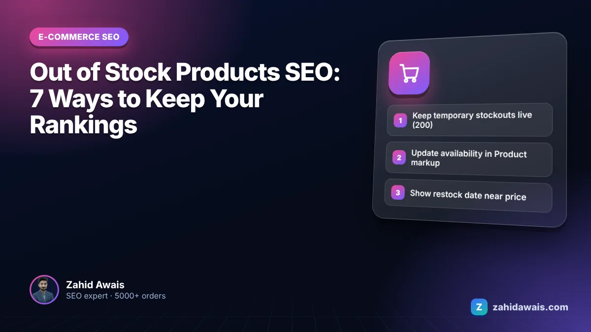 Ecommerce product page showing an out of stock label, restock alert and related products for SEO