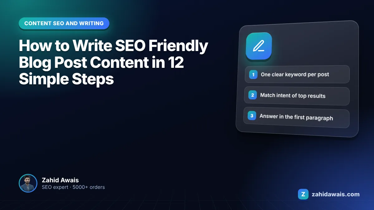 Checklist of 12 steps for writing an SEO friendly blog post from keyword to publishing