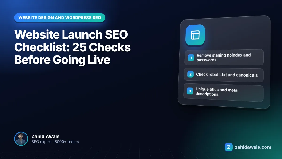 Website launch SEO checklist showing indexing, redirect, title and Search Console checks before going live