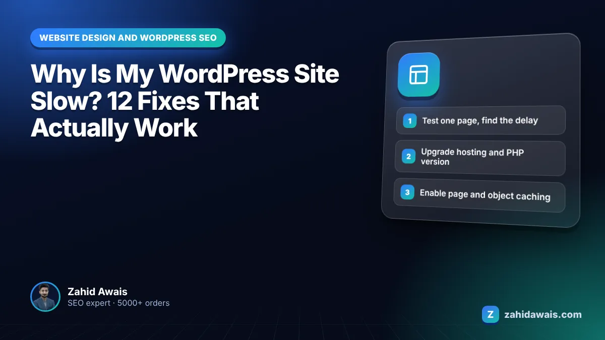 Slow WordPress site speed test showing Core Web Vitals and fixes for hosting, caching and images