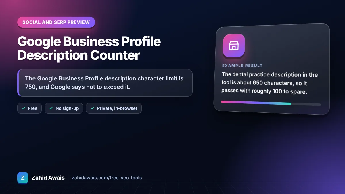 Google Business Profile Description Counter: what it does and an example result