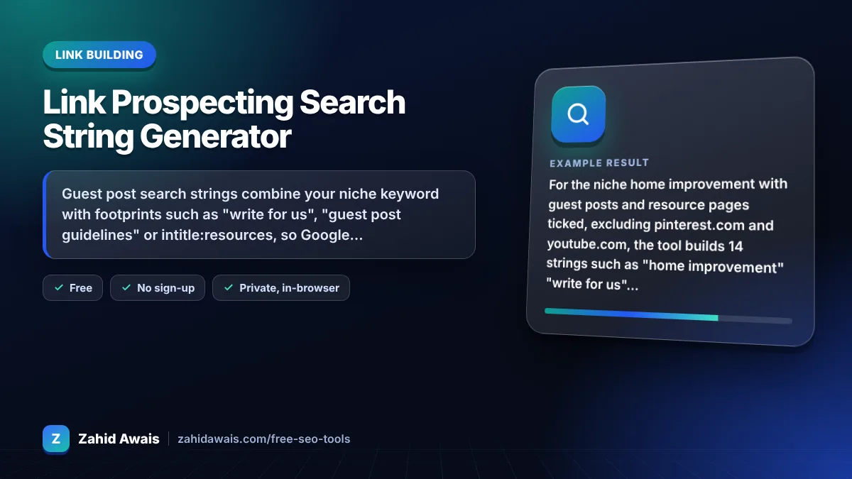 Link Prospecting Search String Generator: what it does and an example result