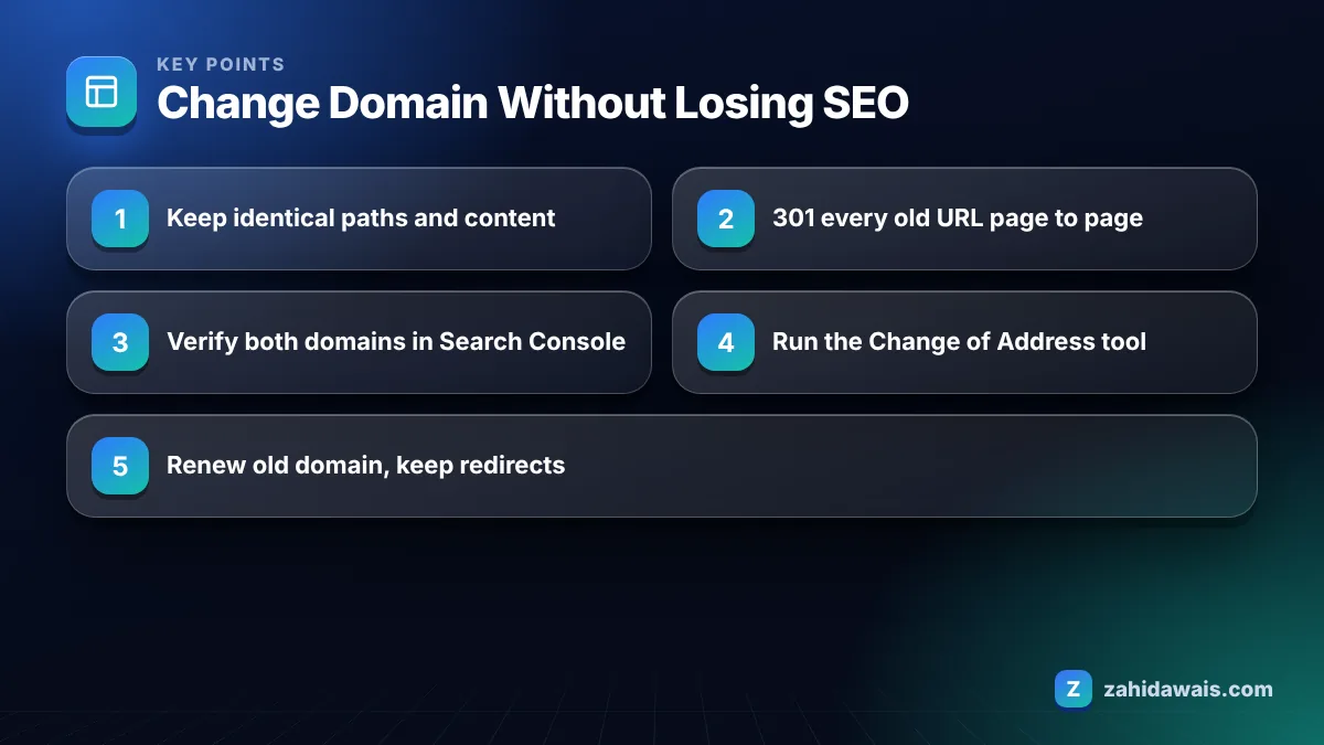 Key points: Change Domain Without Losing SEO