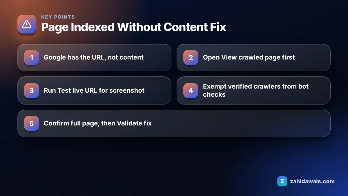 Key points: Page Indexed Without Content Fix