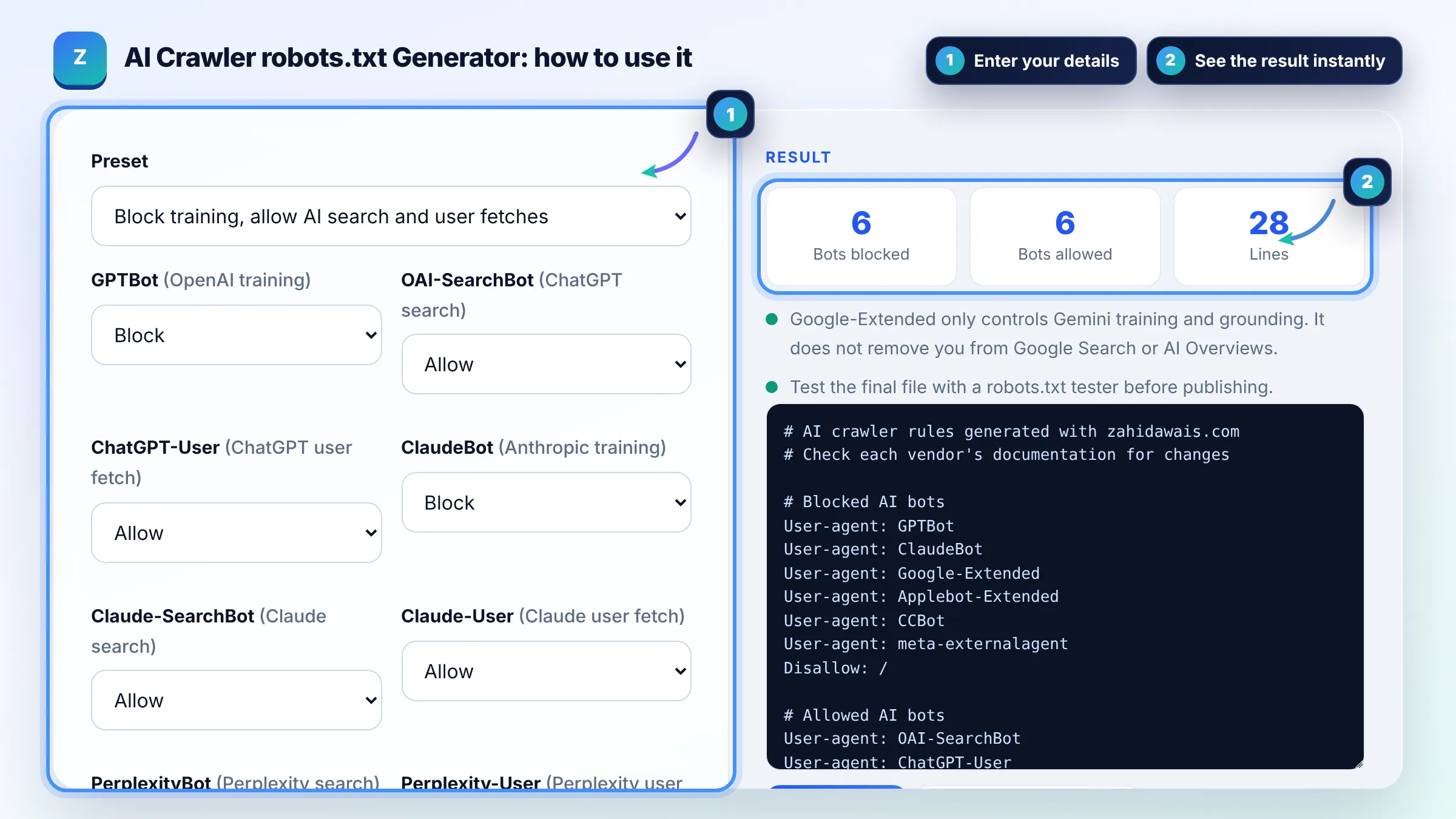 How to use the AI Crawler robots.txt Generator: enter details, see the result and copy it