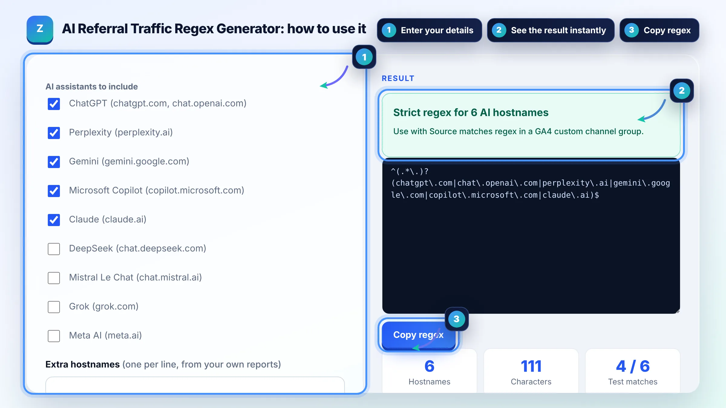 How to use the AI Referral Traffic Regex Generator: enter details, see the result and copy it
