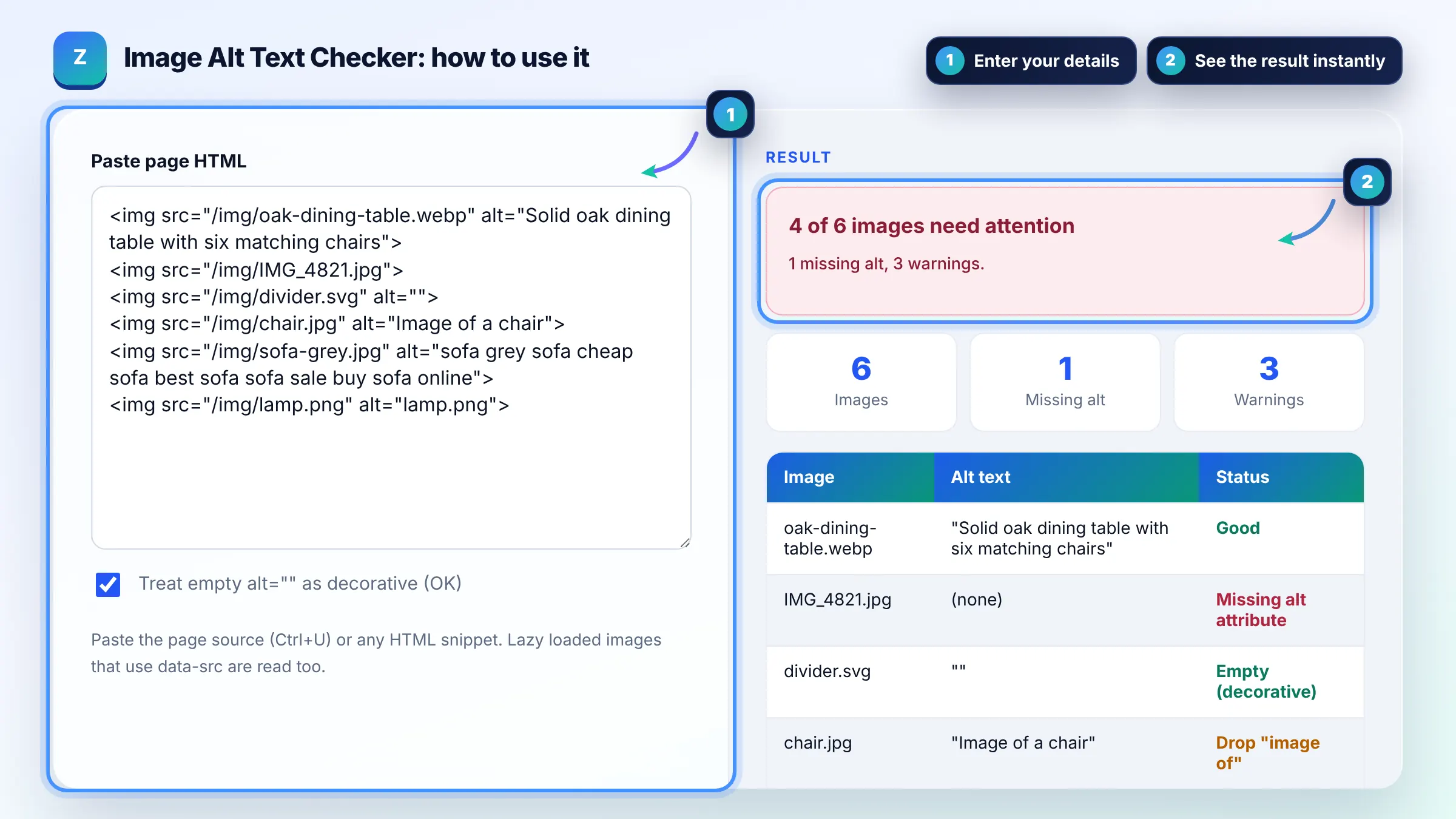 How to use the Image Alt Text Checker: enter details, see the result and copy it