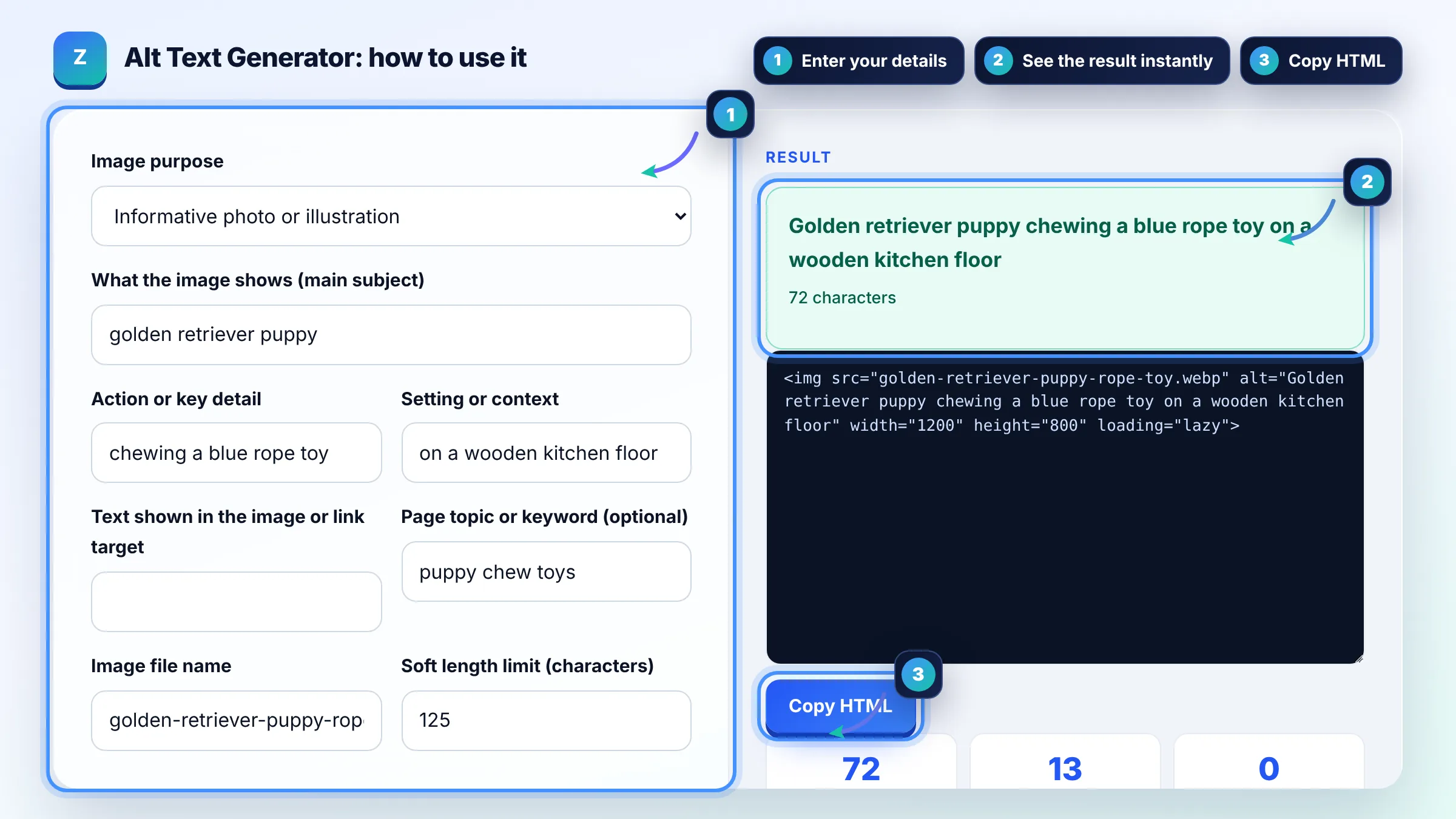 How to use the Alt Text Generator: enter details, see the result and copy it