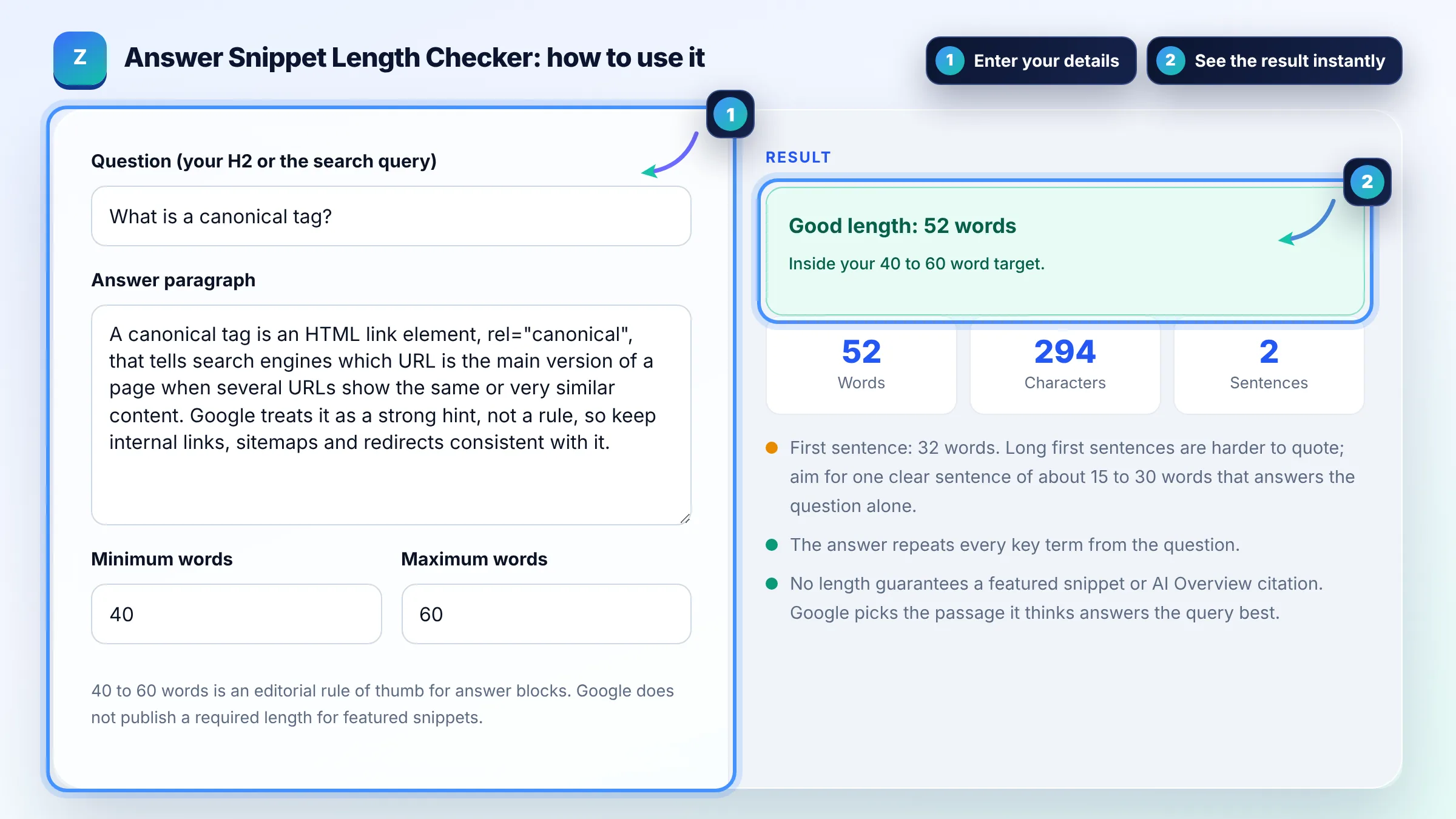 How to use the Answer Snippet Length Checker: enter details, see the result and copy it