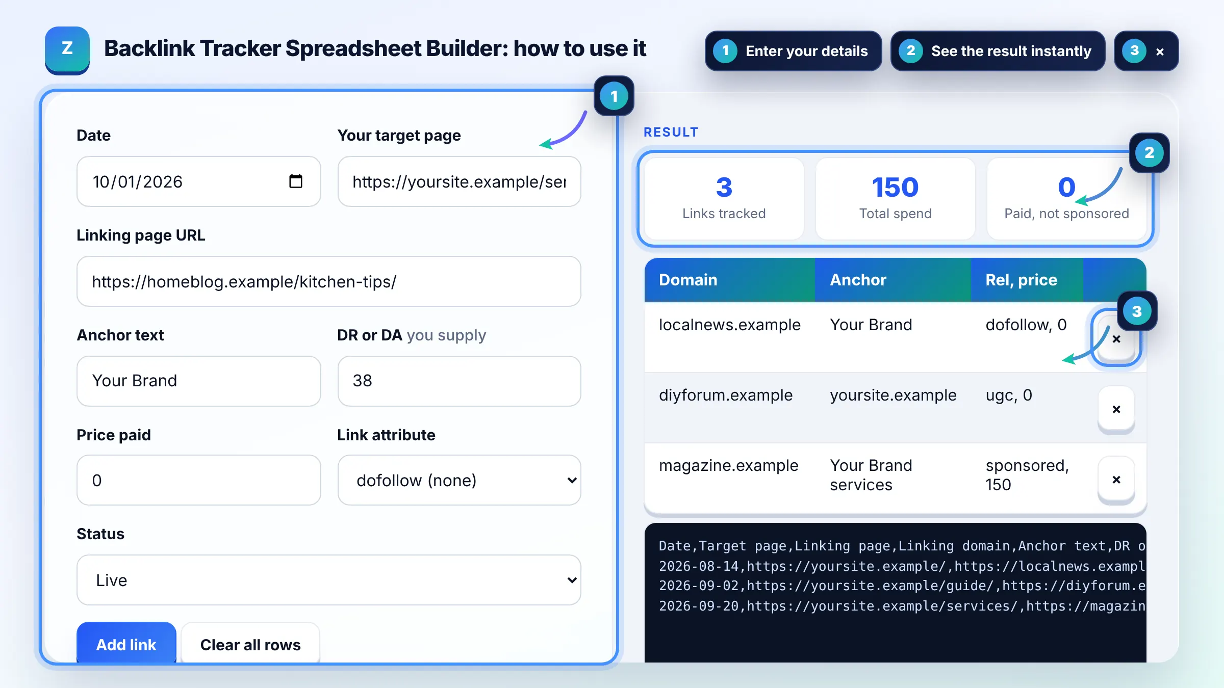 How to use the Backlink Tracker Spreadsheet Builder: enter details, see the result and copy it