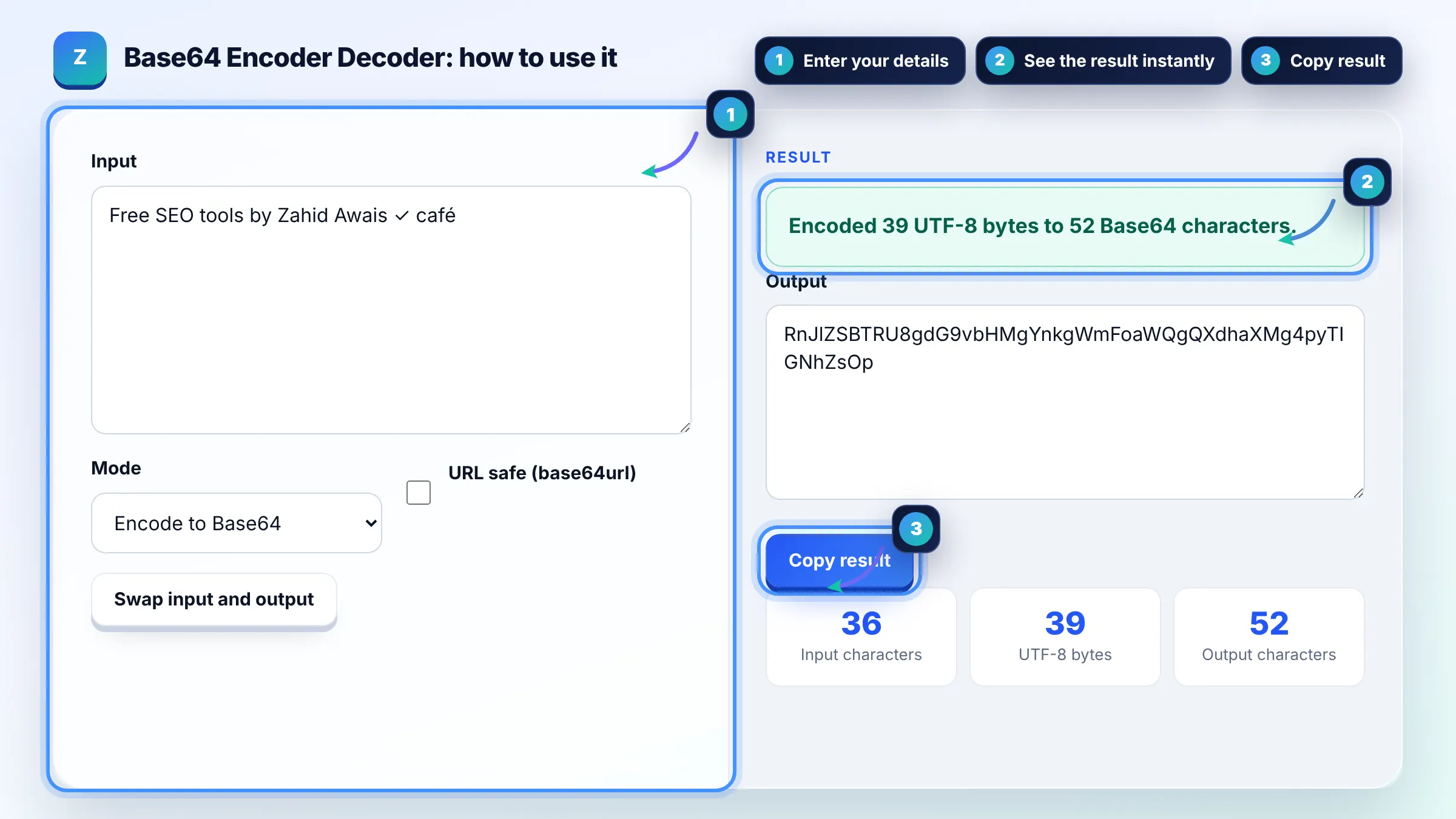 How to use the Base64 Encoder Decoder: enter details, see the result and copy it