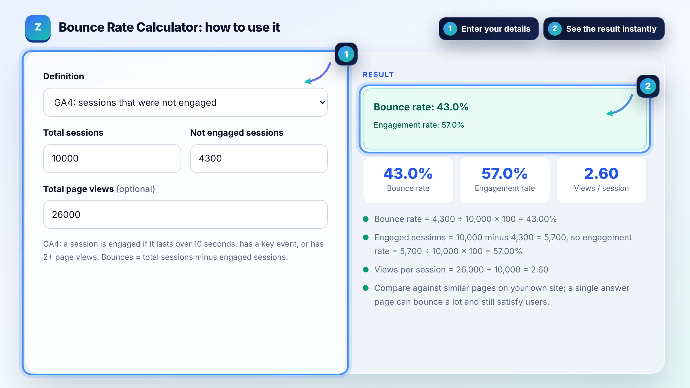 How to use the Bounce Rate Calculator: enter details, see the result and copy it