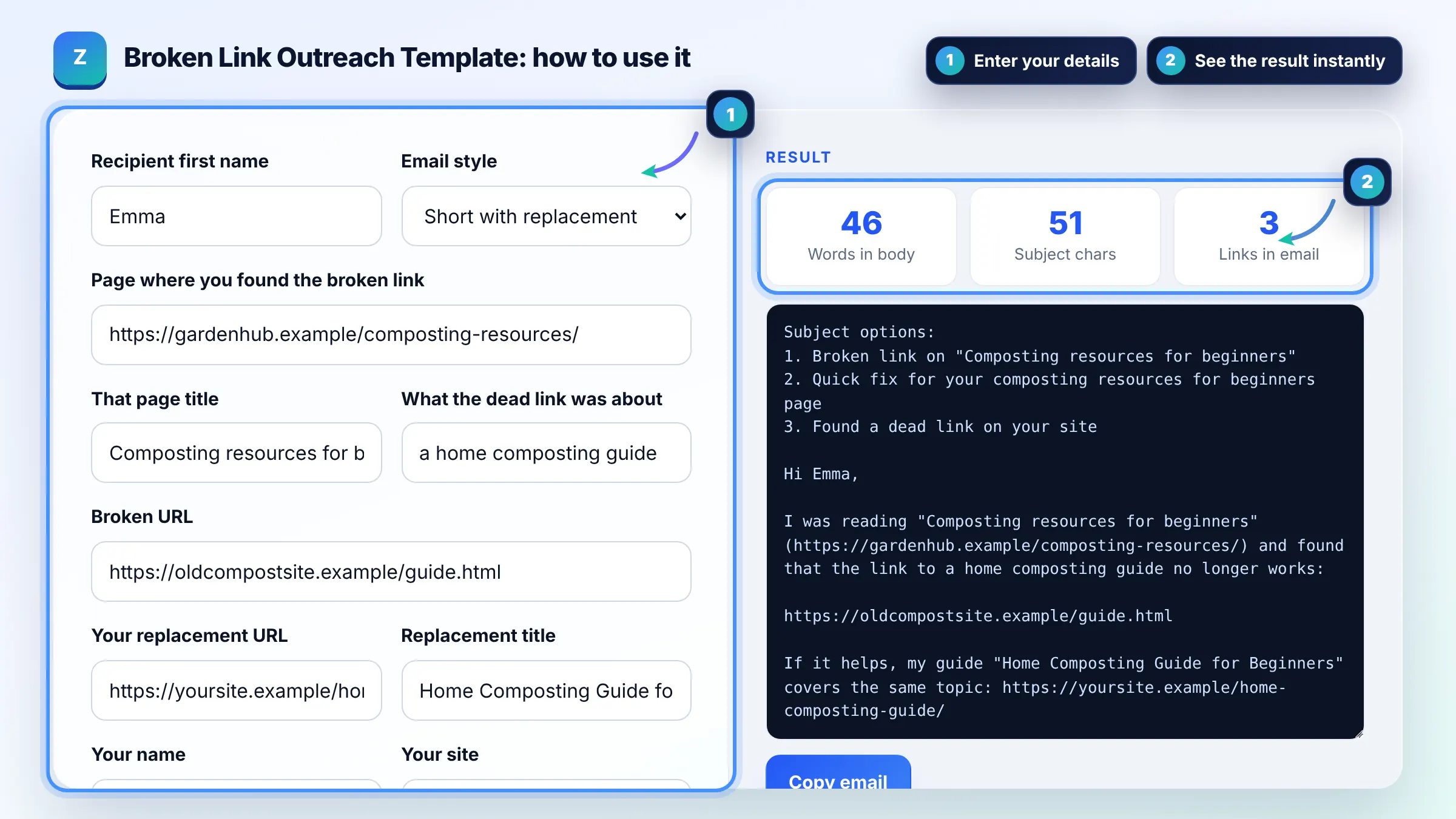 How to use the Broken Link Outreach Template: enter details, see the result and copy it