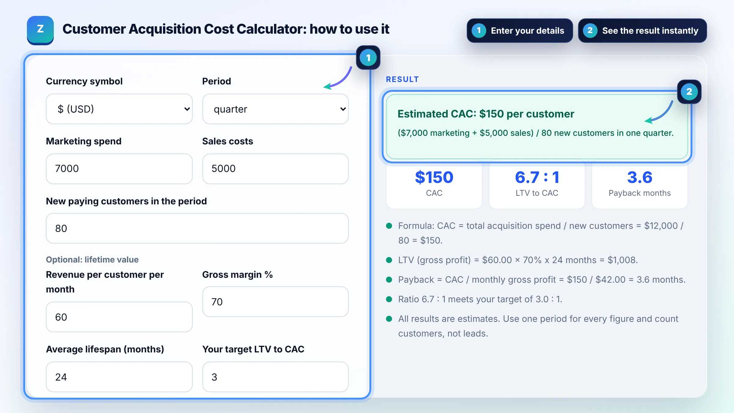 How to use the Customer Acquisition Cost Calculator: enter details, see the result and copy it