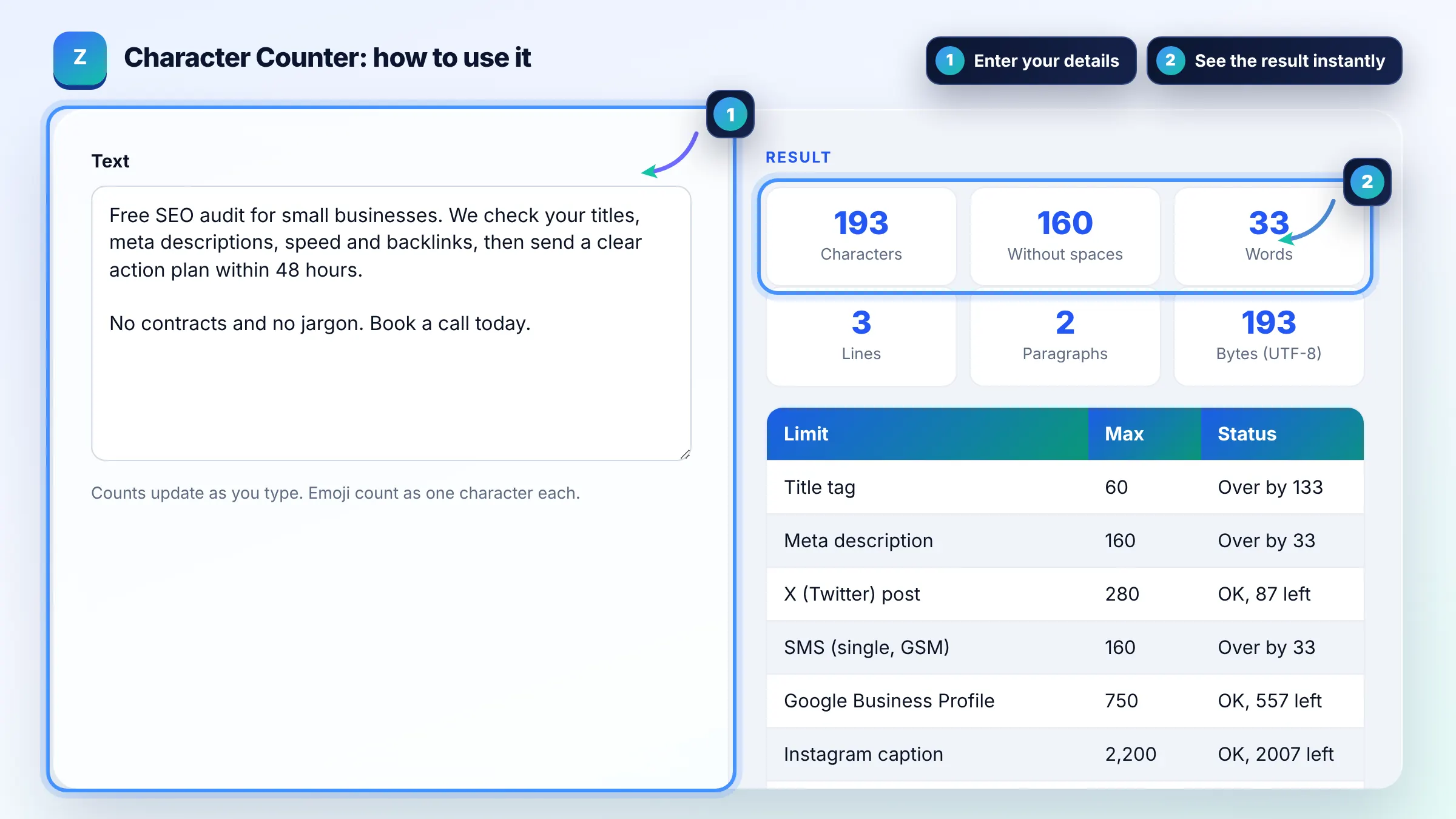 How to use the Character Counter: enter details, see the result and copy it