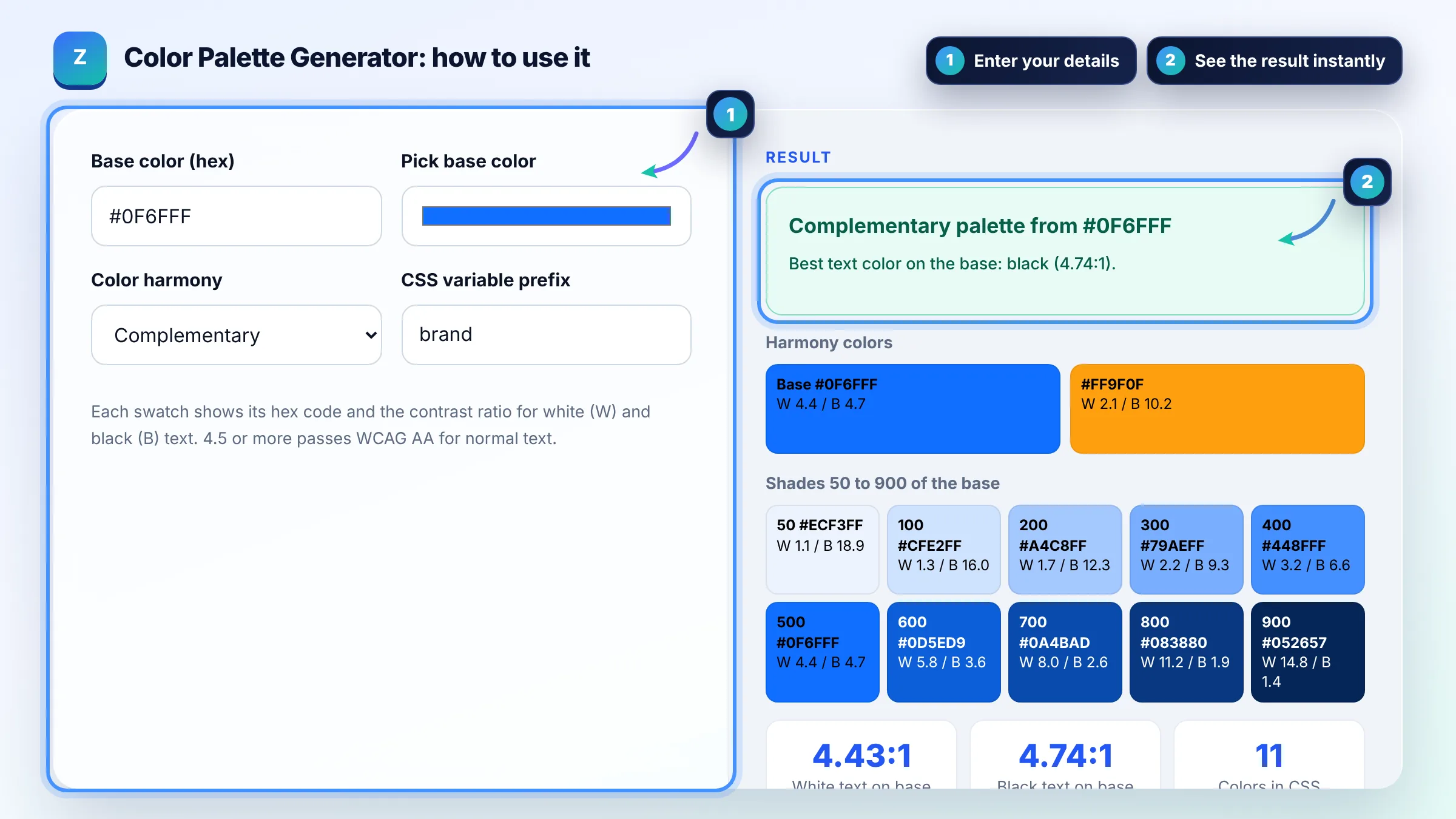 How to use the Color Palette Generator: enter details, see the result and copy it