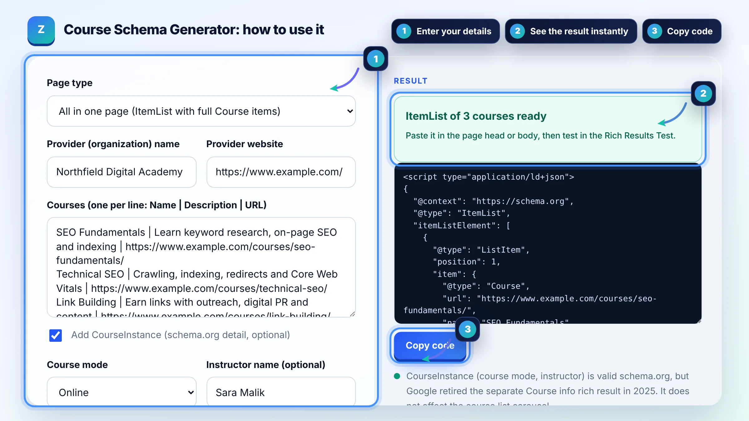How to use the Course Schema Generator: enter details, see the result and copy it