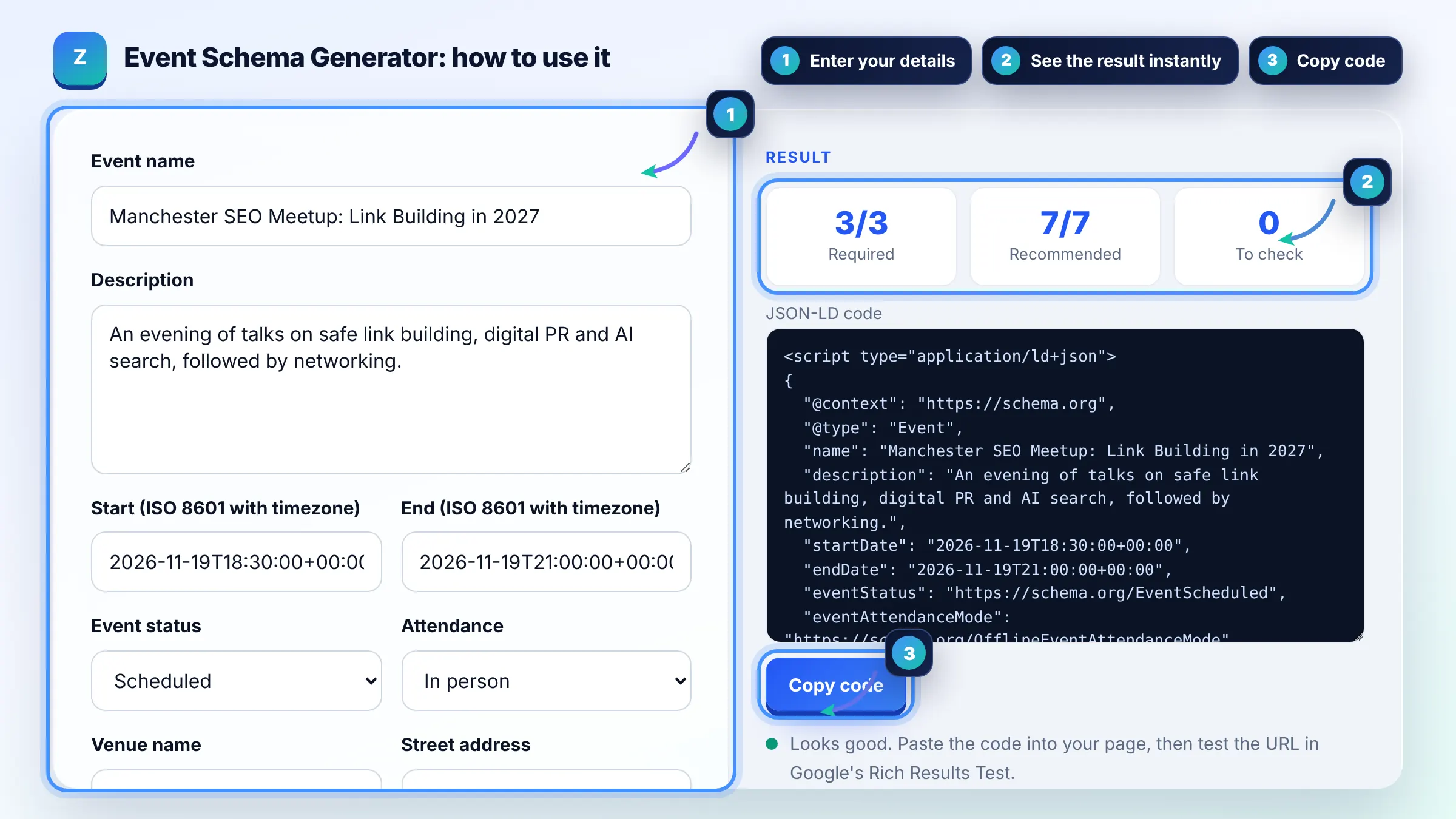 How to use the Event Schema Generator: enter details, see the result and copy it