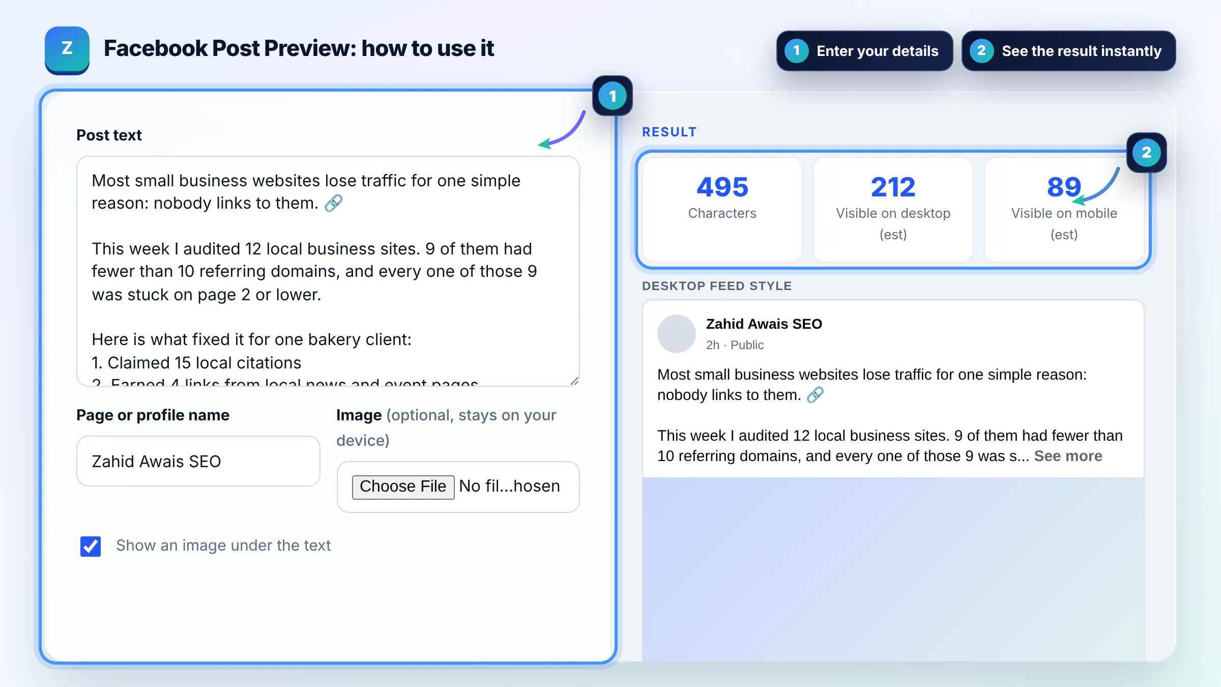 How to use the Facebook Post Preview: enter details, see the result and copy it