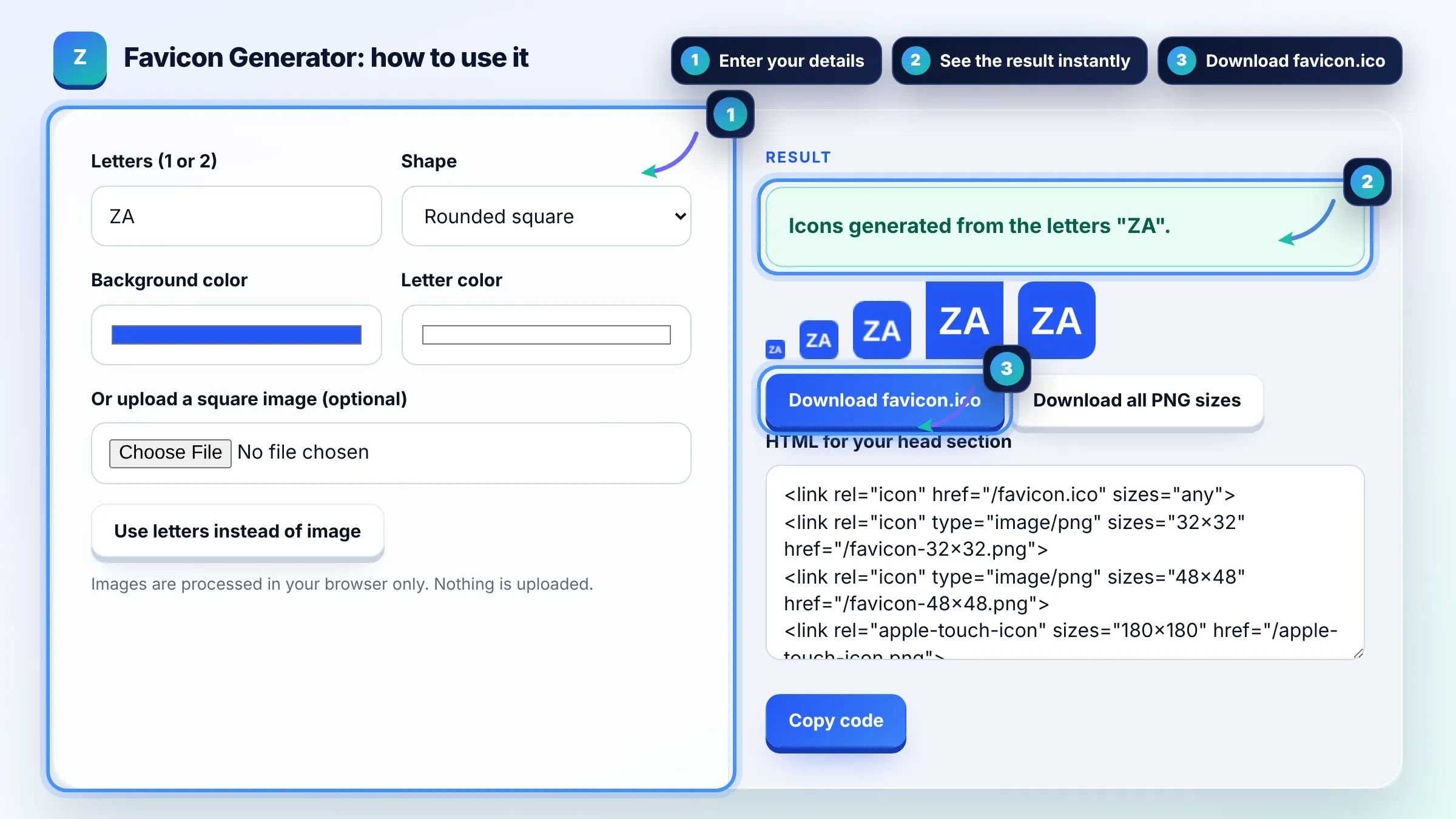 How to use the Favicon Generator: enter details, see the result and copy it