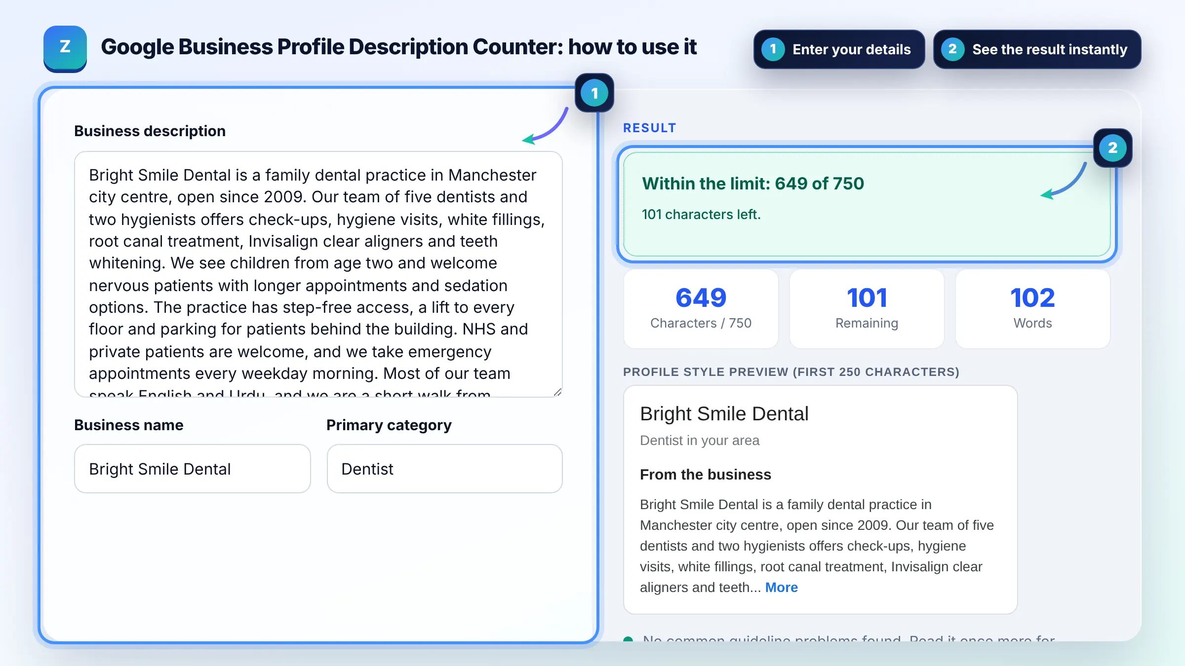 How to use the Google Business Profile Description Counter: enter details, see the result and copy it