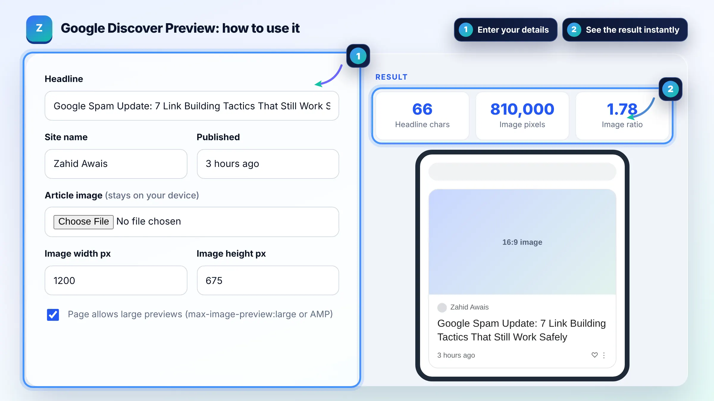 How to use the Google Discover Preview: enter details, see the result and copy it