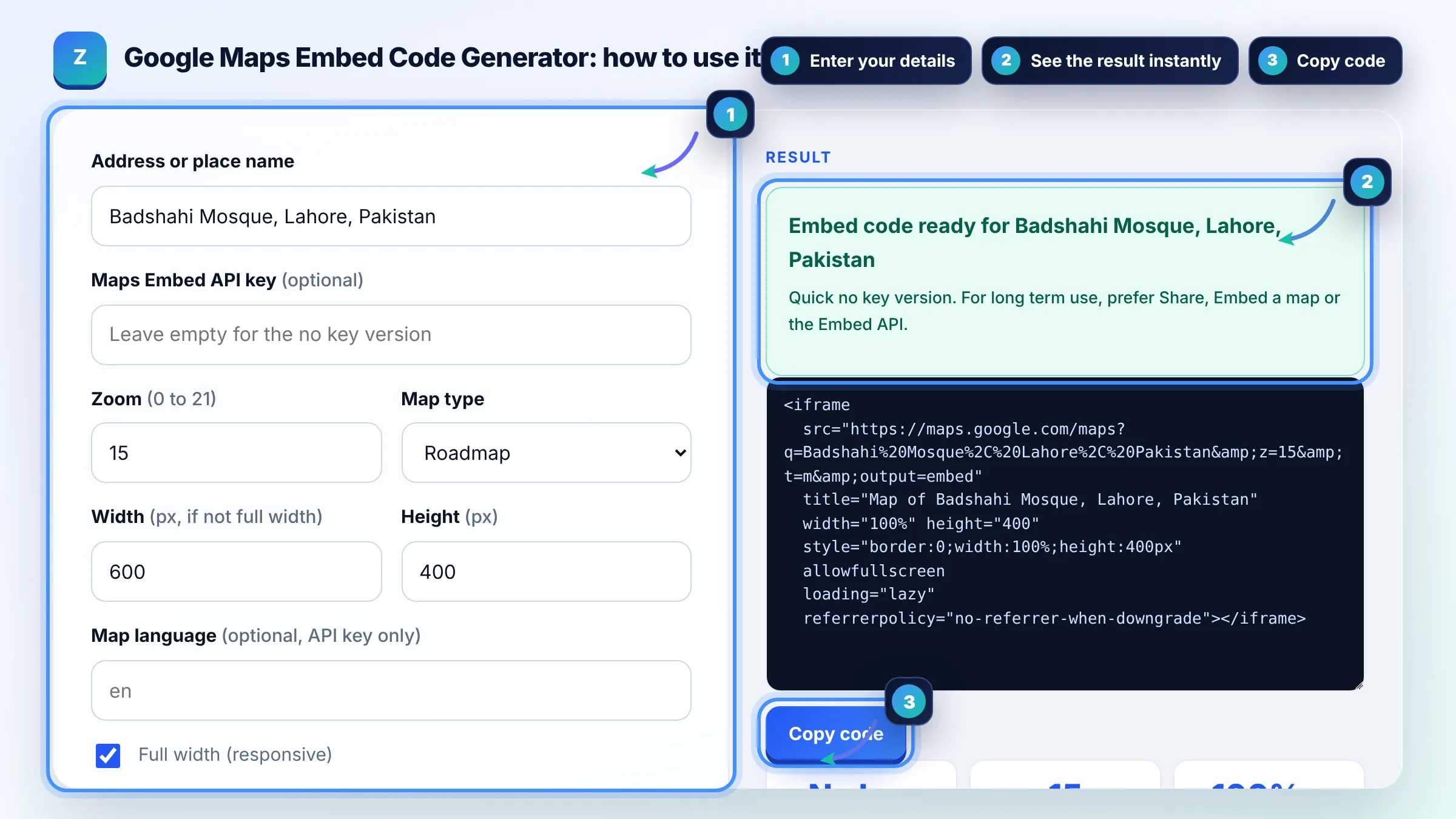 How to use the Google Maps Embed Code Generator: enter details, see the result and copy it