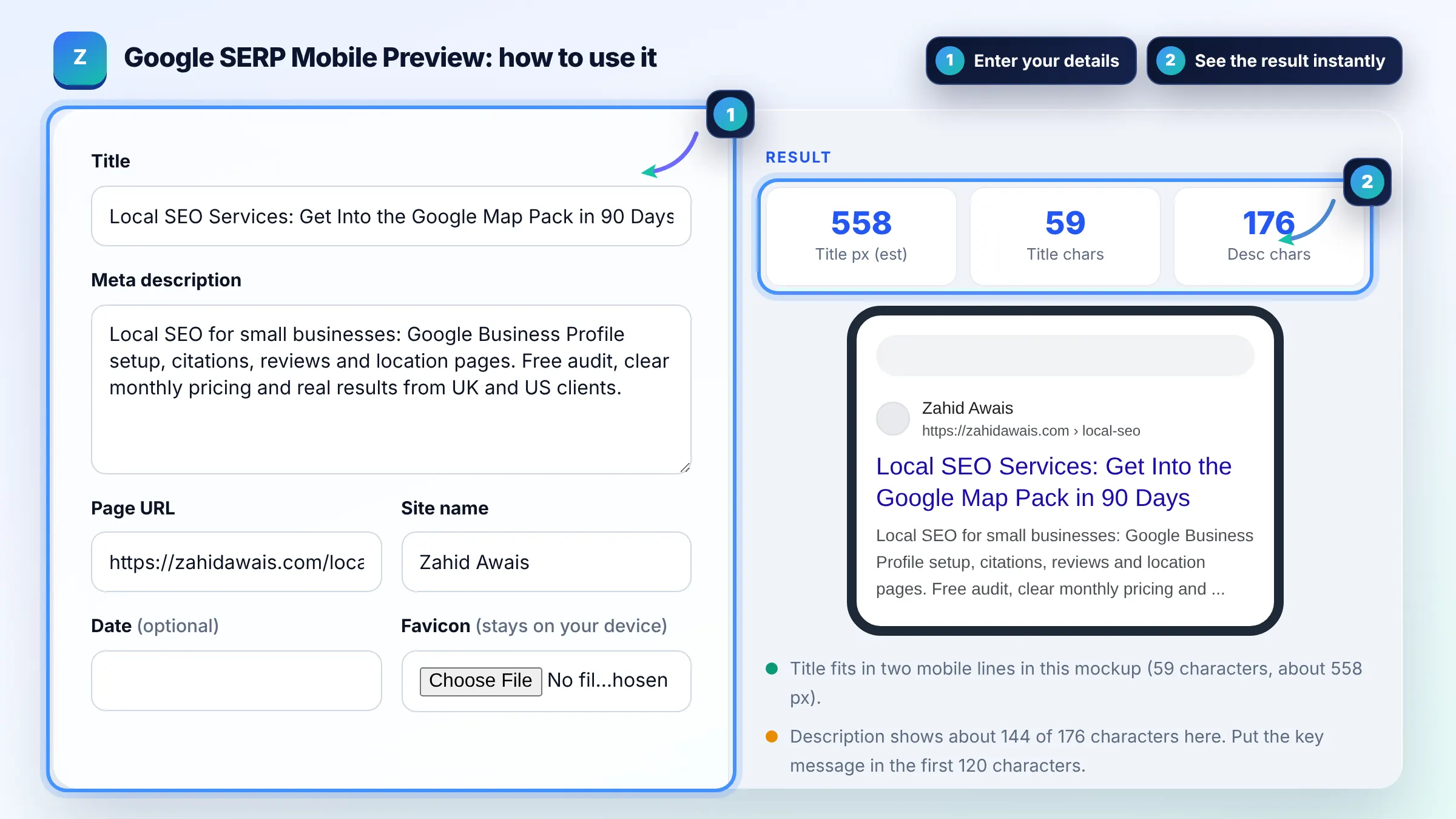 How to use the Google SERP Mobile Preview: enter details, see the result and copy it