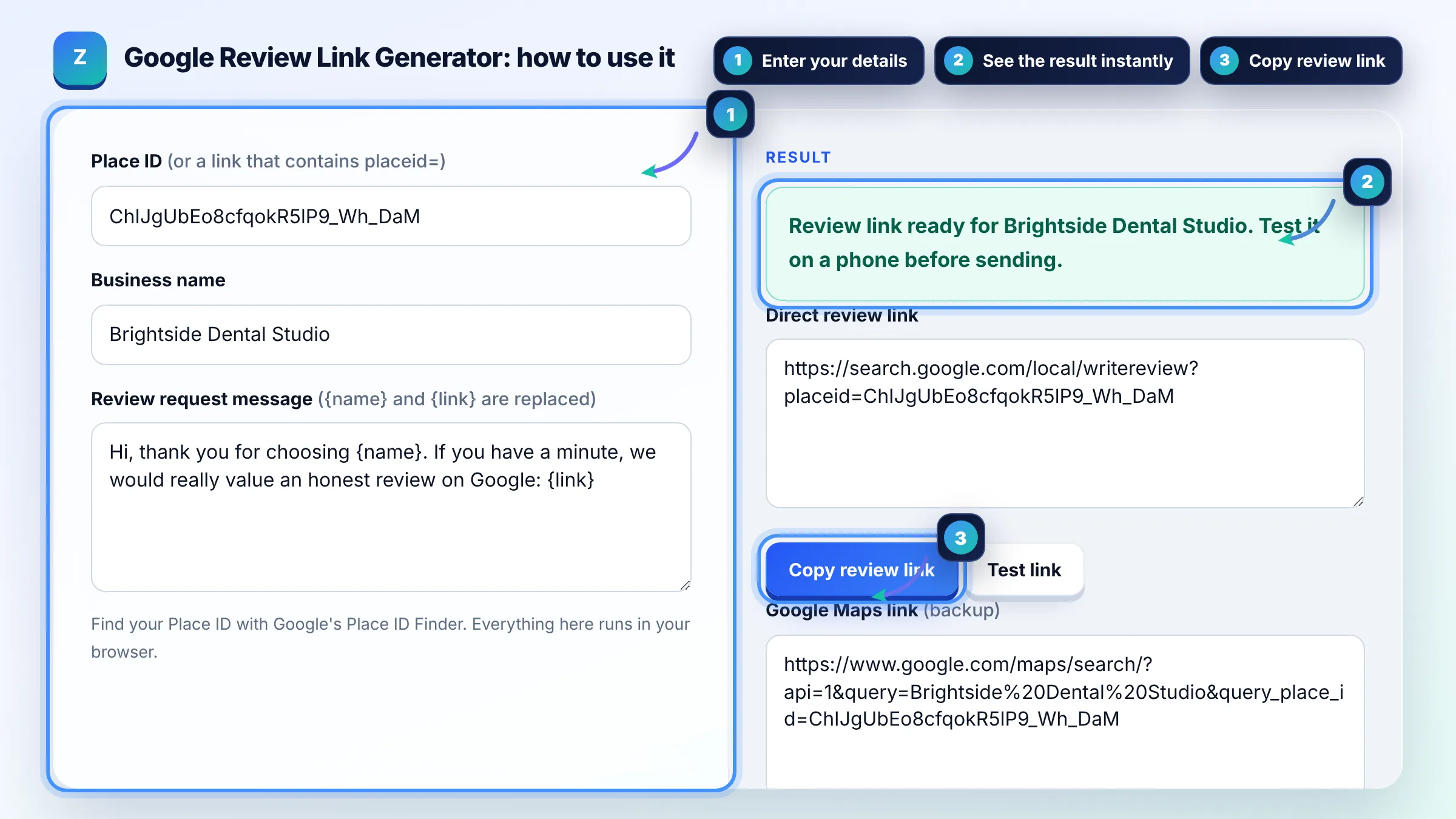 How to use the Google Review Link Generator: enter details, see the result and copy it