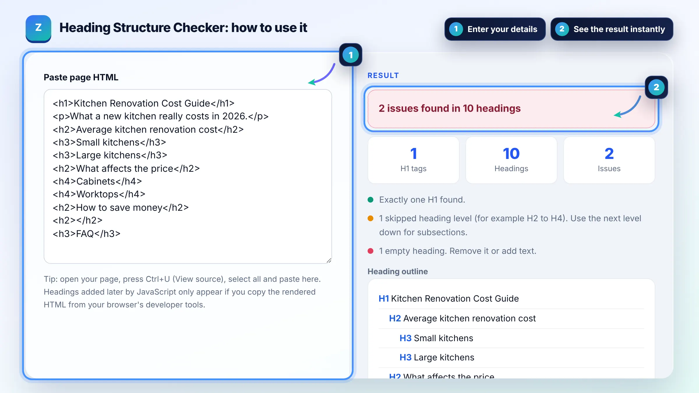 How to use the Heading Structure Checker: enter details, see the result and copy it