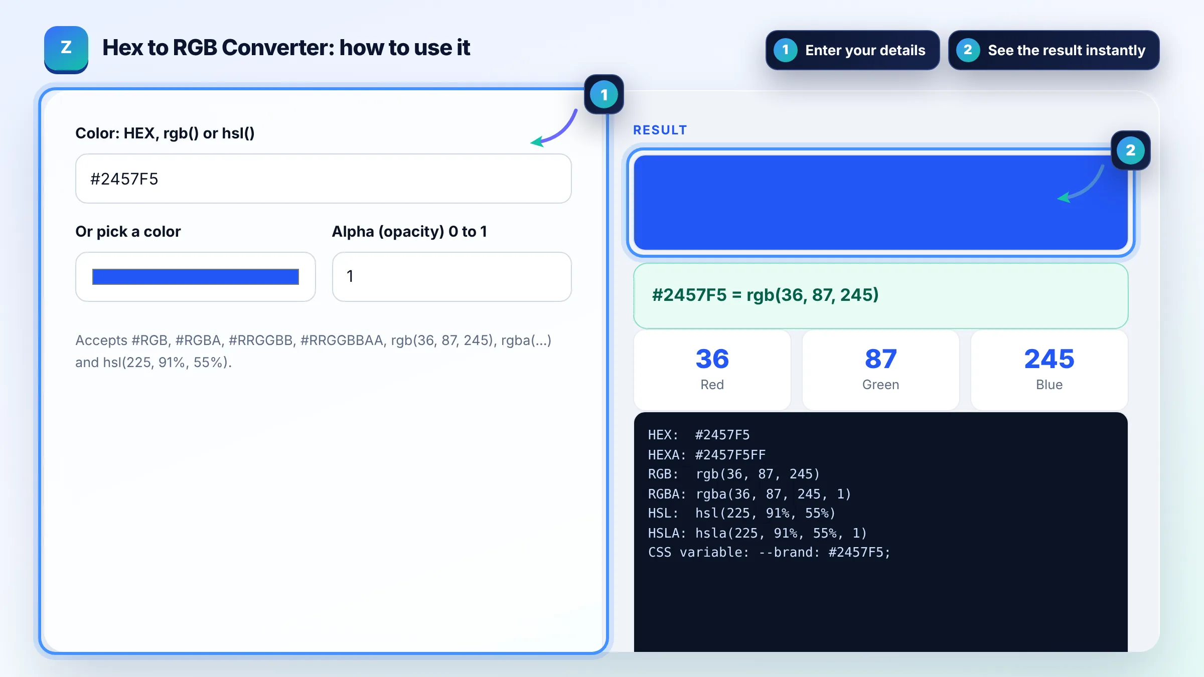 How to use the Hex to RGB Converter: enter details, see the result and copy it