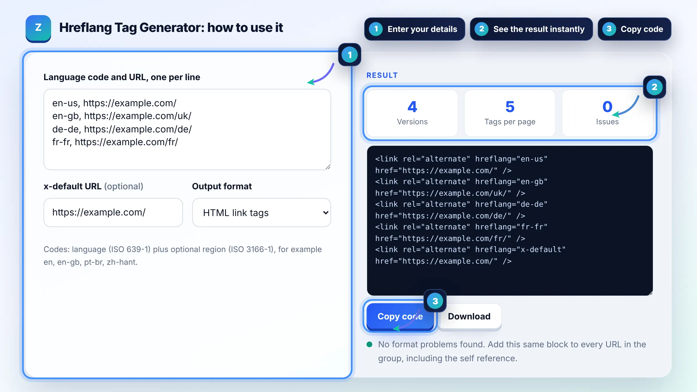 How to use the Hreflang Tag Generator: enter details, see the result and copy it