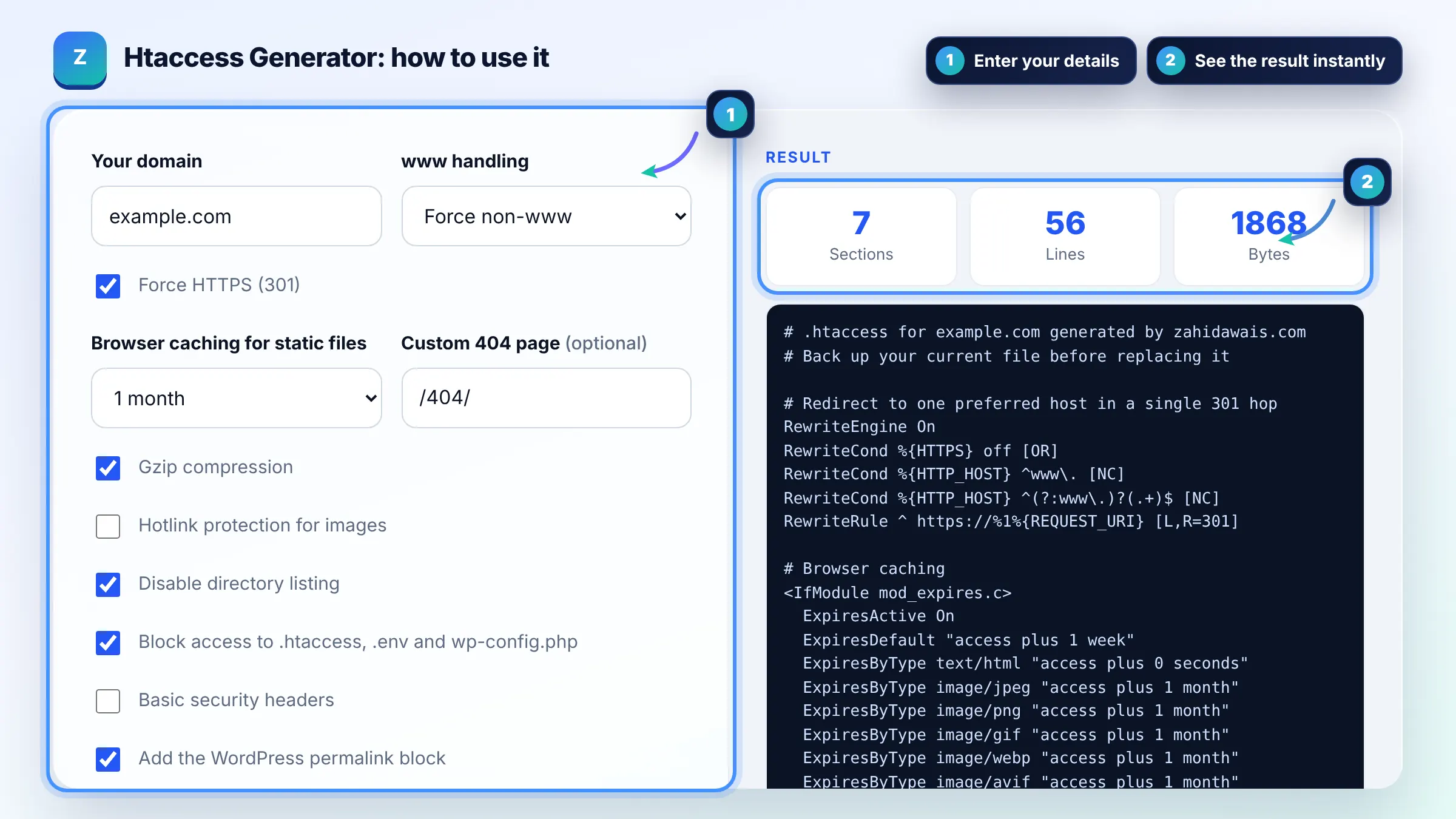 How to use the Htaccess Generator: enter details, see the result and copy it