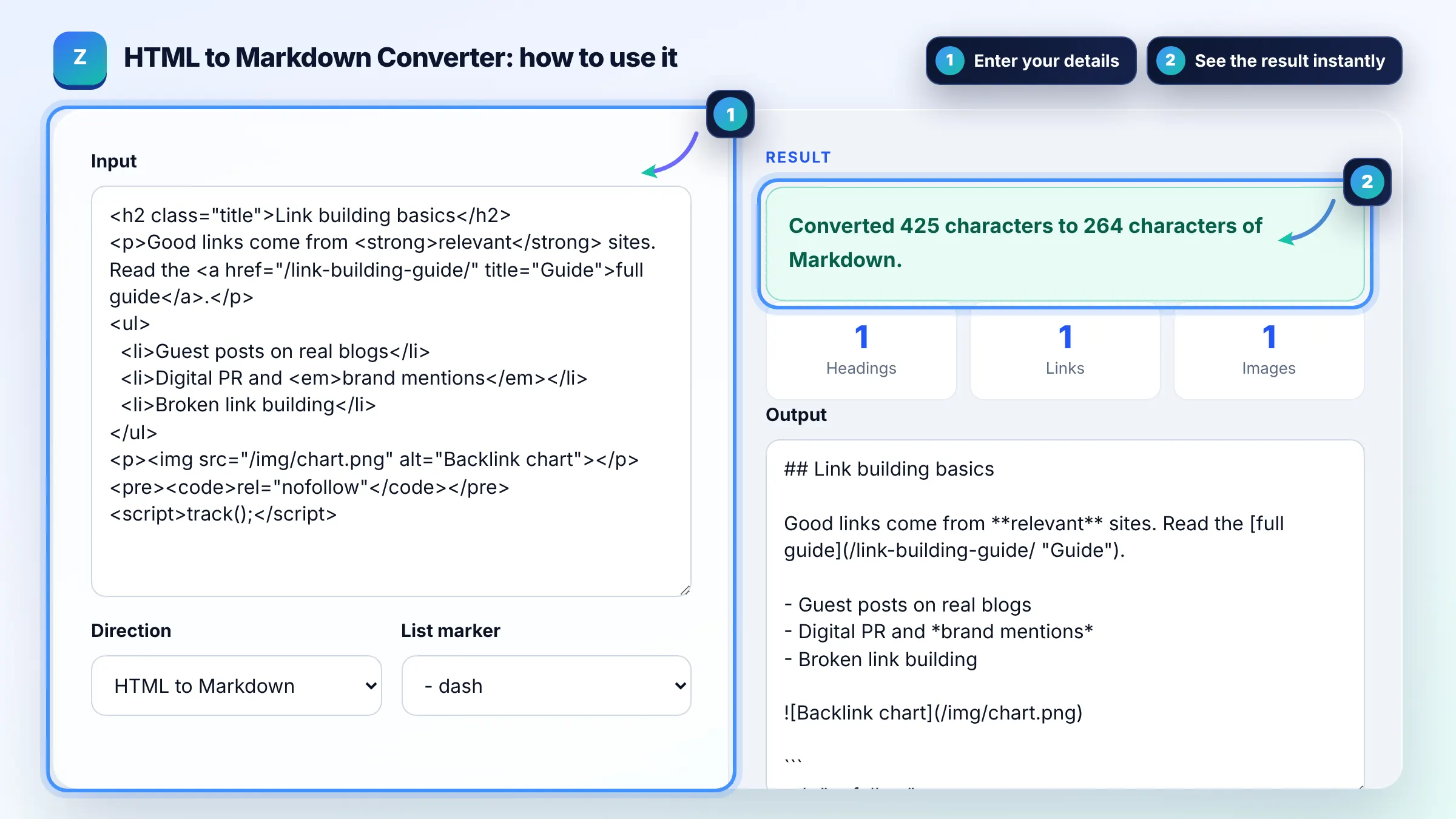 How to use the HTML to Markdown Converter: enter details, see the result and copy it