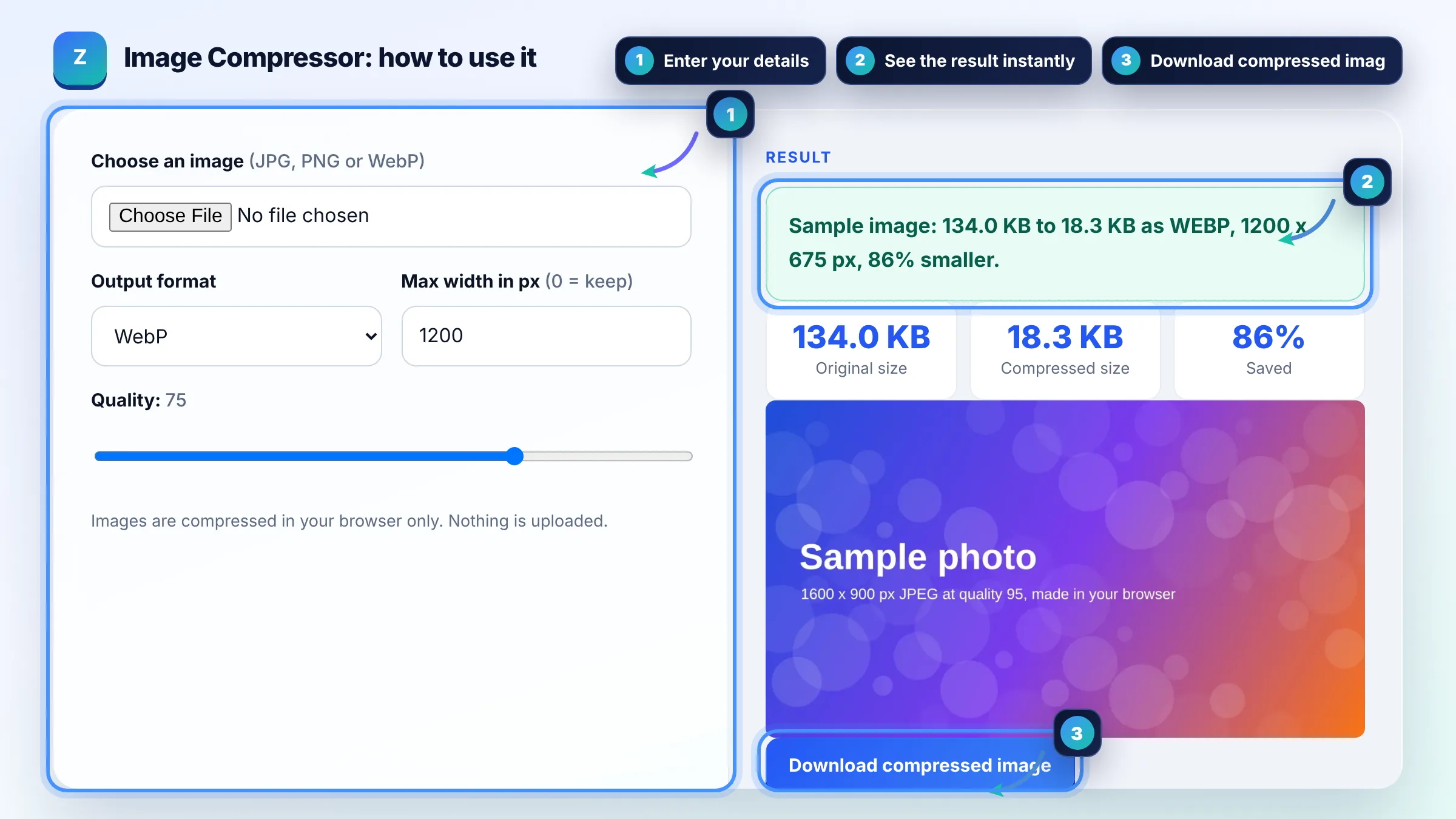 How to use the Image Compressor: enter details, see the result and copy it