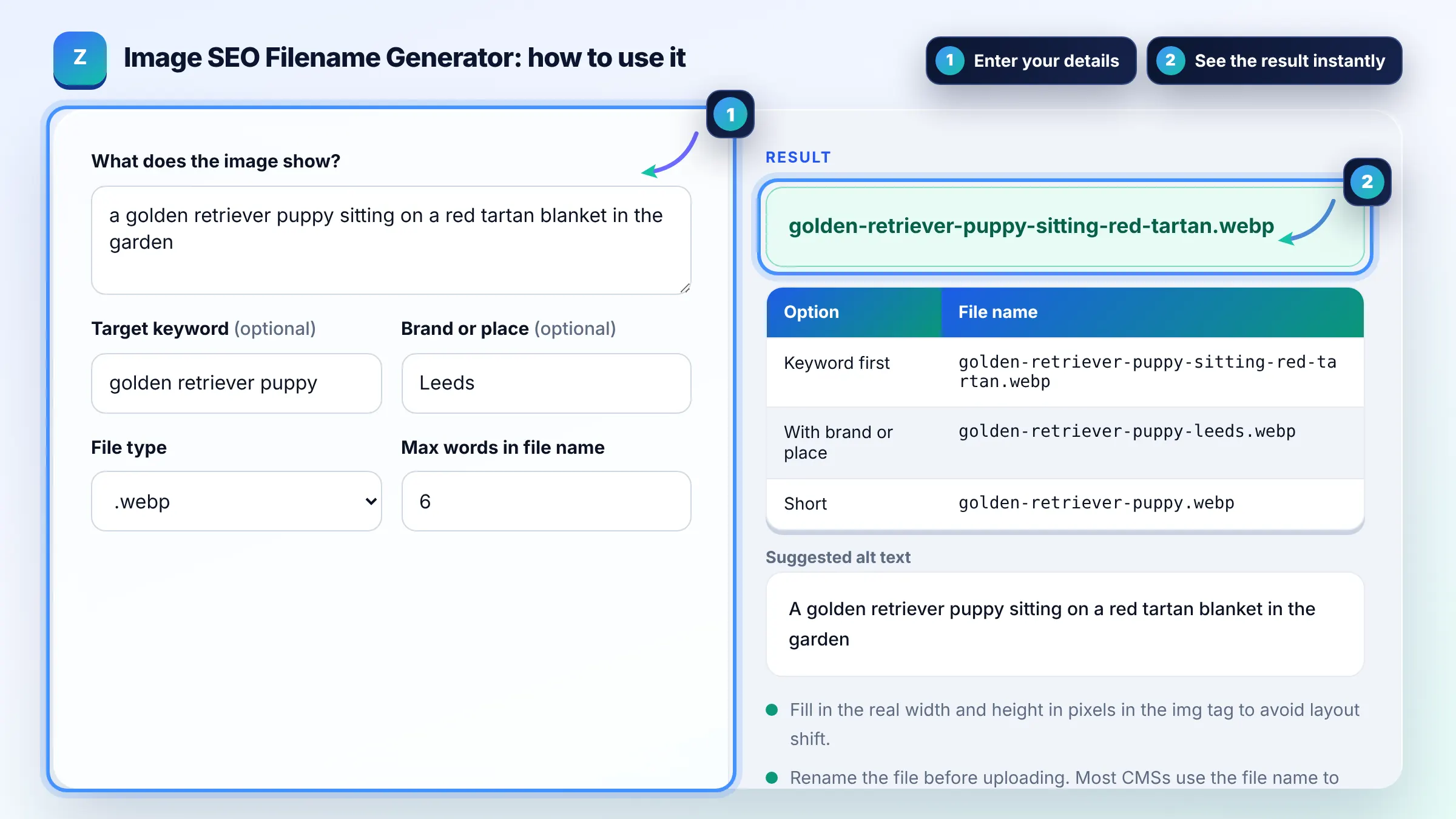 How to use the Image SEO Filename Generator: enter details, see the result and copy it
