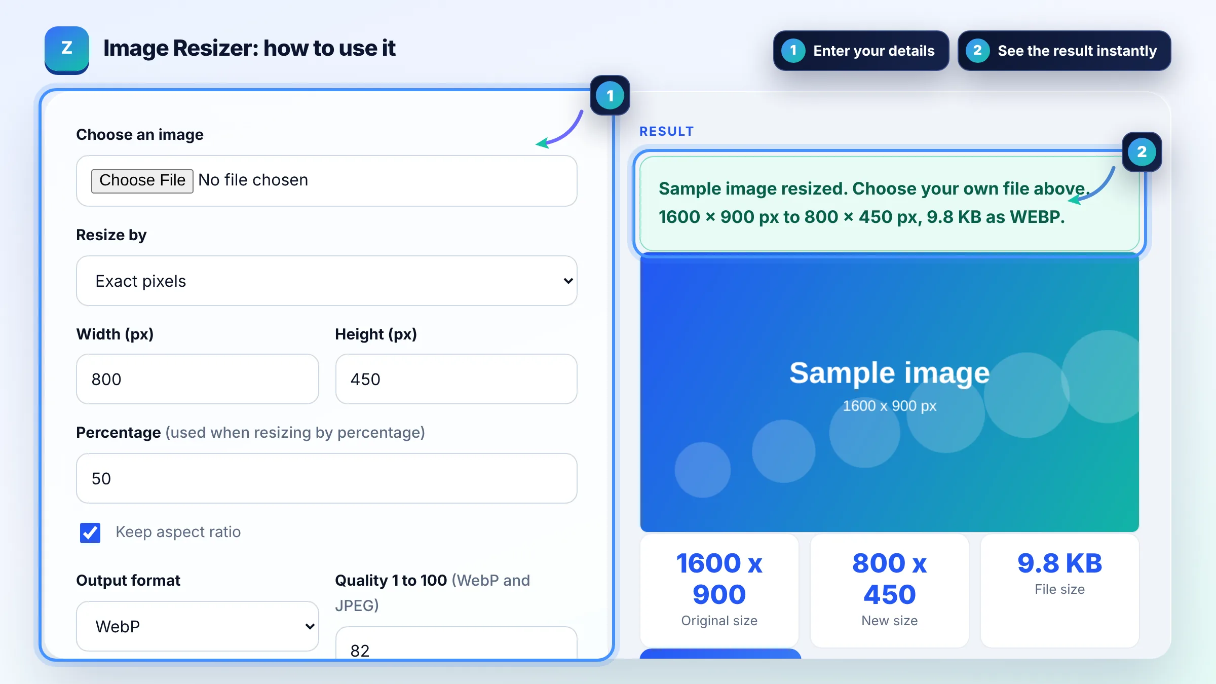 How to use the Image Resizer: enter details, see the result and copy it