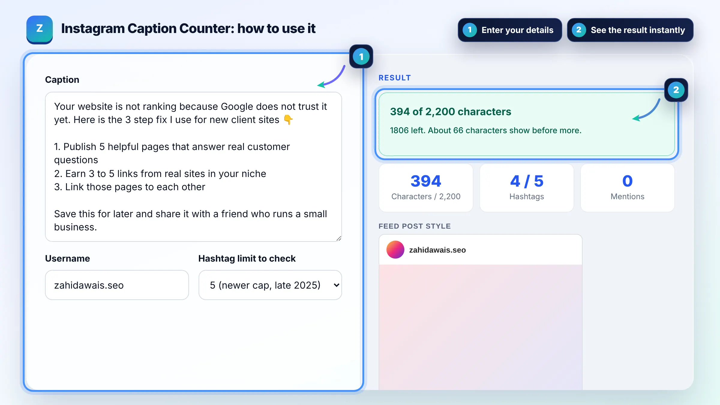 How to use the Instagram Caption Counter: enter details, see the result and copy it